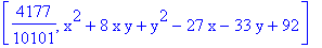 [4177/10101, x^2+8*x*y+y^2-27*x-33*y+92]